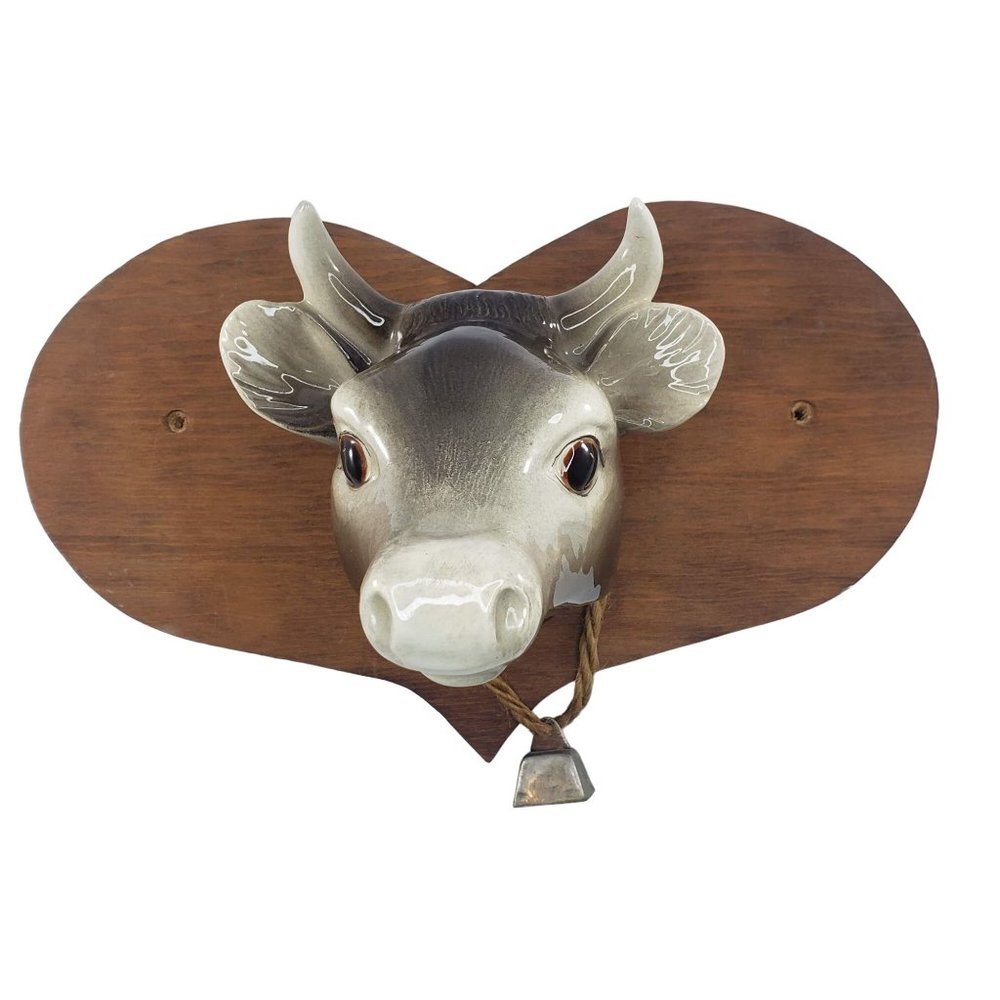 Cow Bull Head Wall Hanging Plaque Grey Bell Kitschy Farm Decor Heart